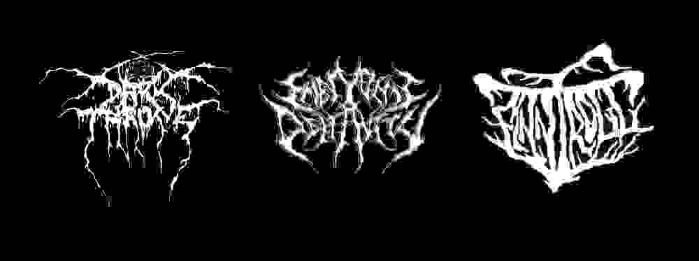 The illegible logos of Darkthrone, Embryonic Depravity and Finntroll.